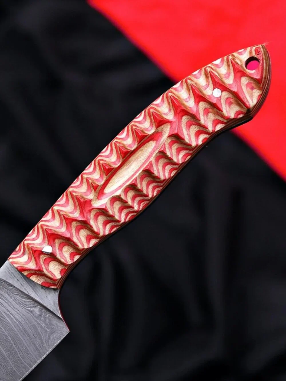 Handmade Damascus Steel Kitchen Fillet Knife - Color Pakka Wood Handle Leather - Picture 3 of 4